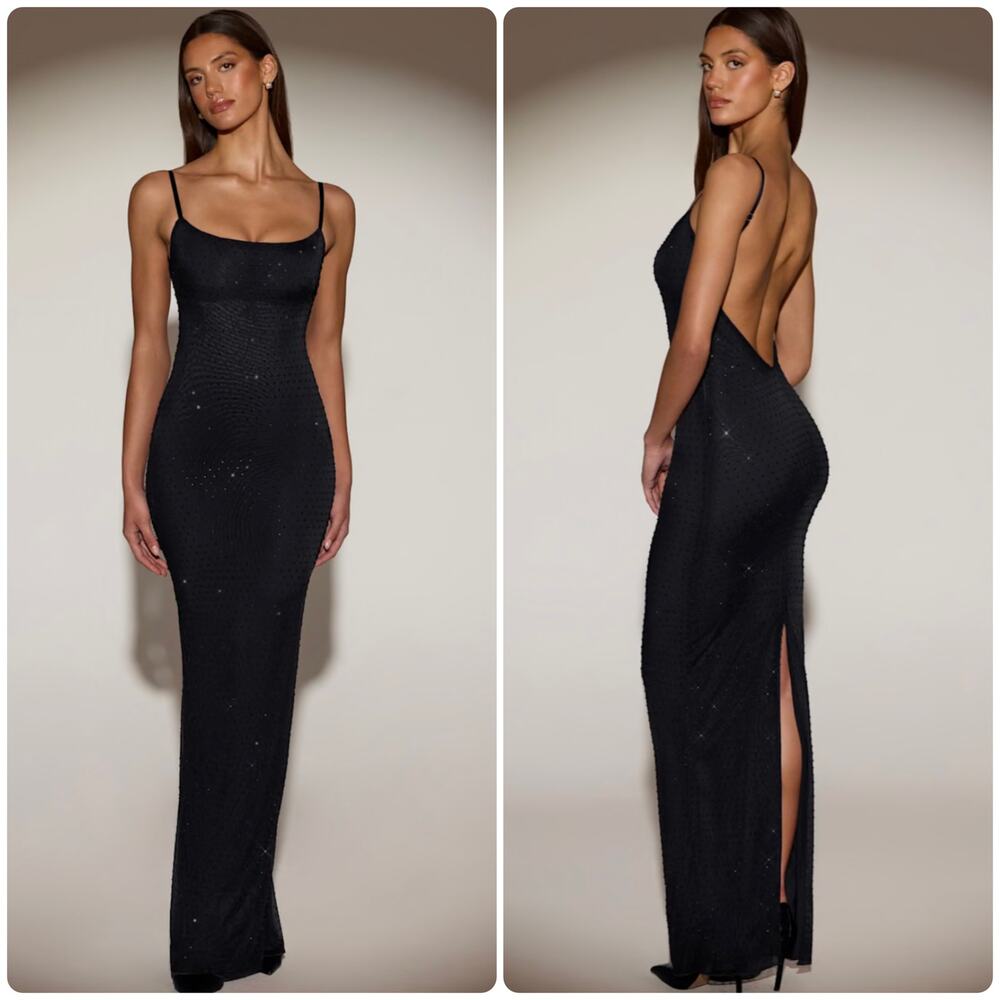 Oh Polly Celandine Sheer Embellished Backless Maxi Dress in Black size 6 New